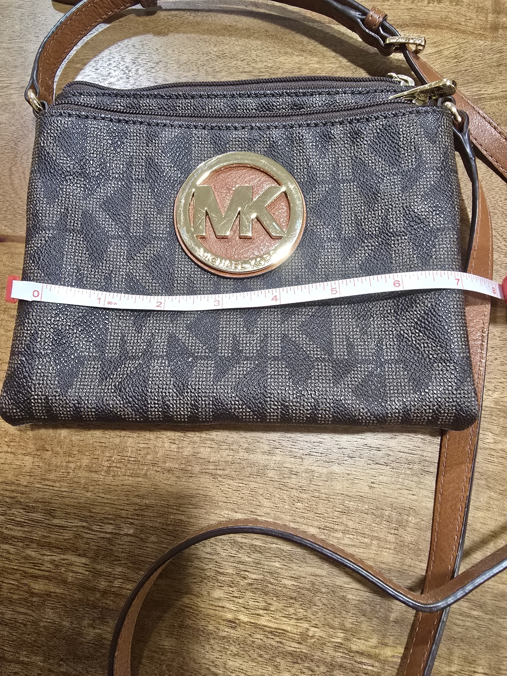 Michael Kors Brown Monogram Crossbody with Tan Strap and Gold Logo - Picture 2 of 6